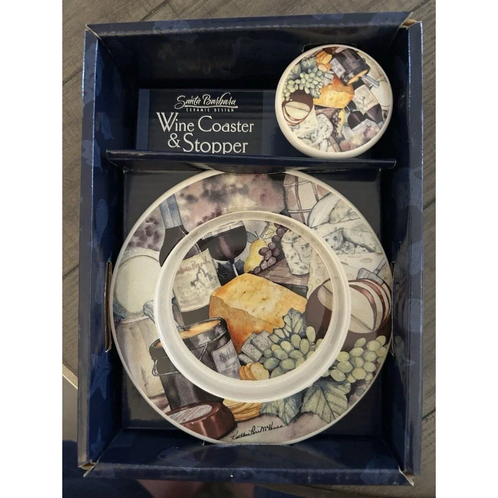 Santa Barbara Ceramic Design Wine Coaster/Wine Stopper Set New In Box
